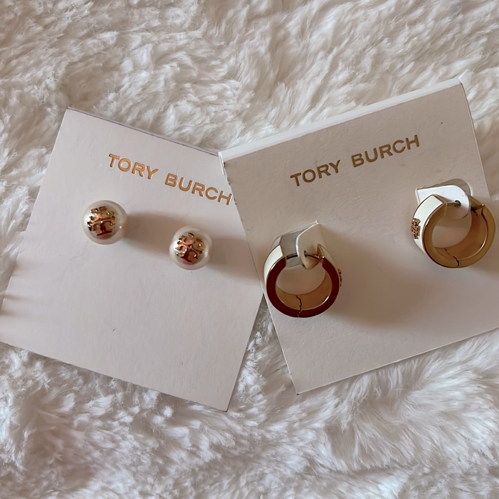 Authentic Tory Burch, never worn. studs are pearly rose, hoops are off white.